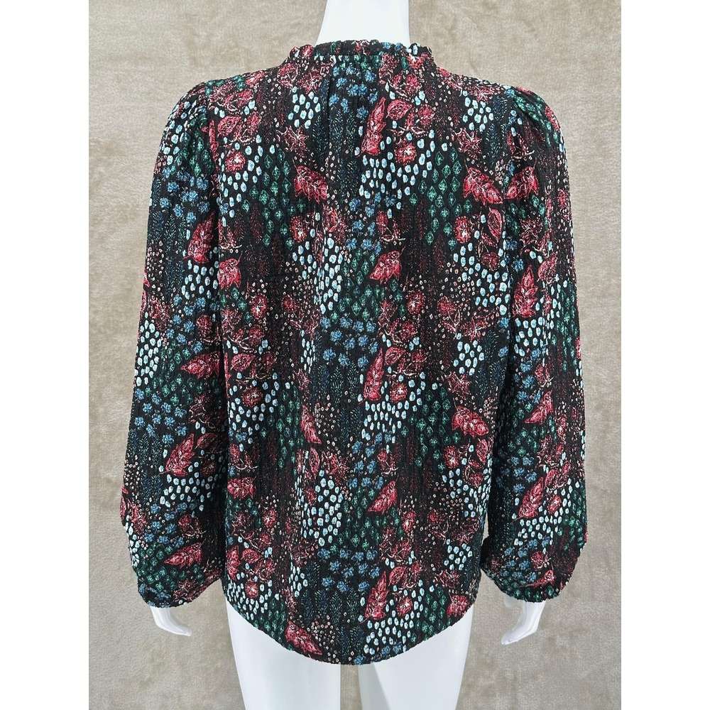 Ann Taylor LOFT Top‎ Womens Medium Black Dark Floral Boho Ruffle V-Neck Textured - Picture 5 of 9